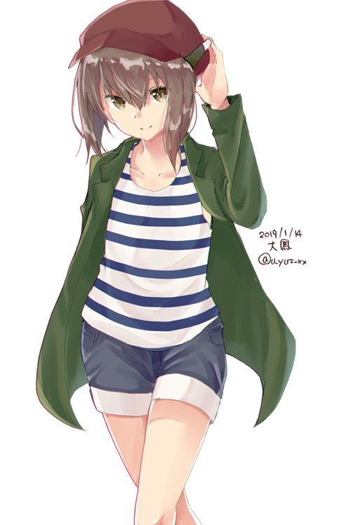 1girl alternate_costume blush brown_eyes brown_hair brown_hat closed_mouth denim denim_shorts eyebrows_visible_through_hair green_jacket hair_between_eyes hat jacket kantai_collection long_hair looking_at_viewer shirt short_hair shorts simple_background solo striped striped_shirt taihou_(kantai_collection) u_yuz_xx white_background