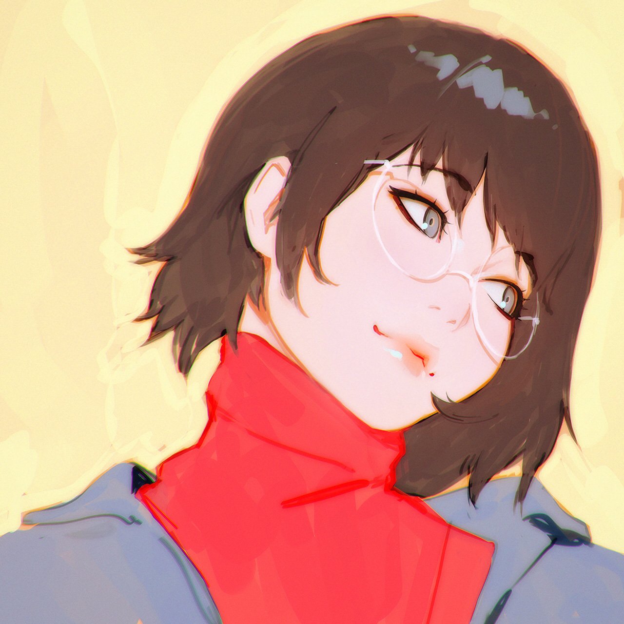 1girl bangs brown_hair eyebrows_visible_through_hair glasses grey_eyes highres ilya_kuvshinov original portrait red_sweater short_hair smile solo sweater turtleneck turtleneck_sweater yellow_background