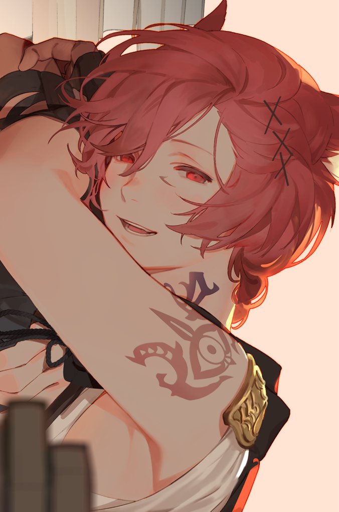 1boy :d animal_ears arm_pillow arm_up backlighting bangs blurry blush book book_stack cat_ears depth_of_field facial_mark ffxivys final_fantasy final_fantasy_xiv g'raha_tia hair_between_eyes hair_ornament hairclip half-closed_eyes head_rest male_focus miqo'te nose_blush parted_lips red_eyes redhead short_hair sideways sleeveless smile solo upper_body x_hair_ornament