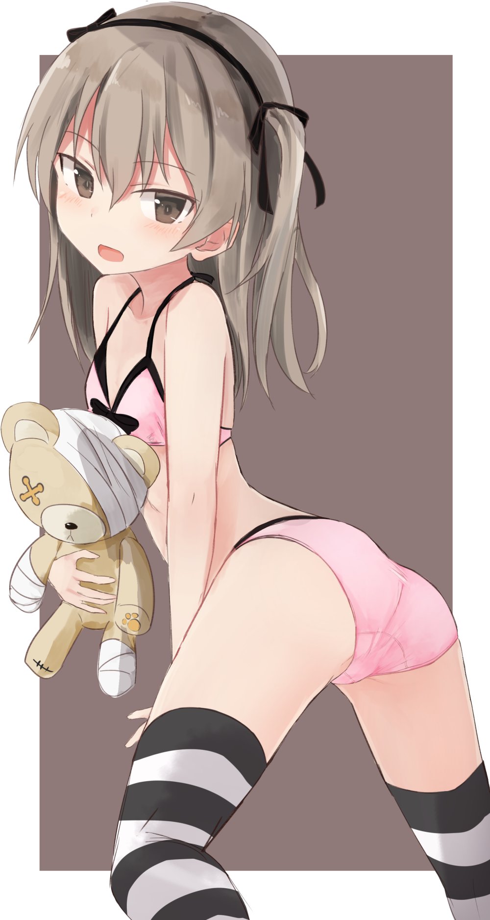 1girl bangs black_ribbon boko_(girls_und_panzer) brown_eyes eyebrows_visible_through_hair girls_und_panzer hair_between_eyes hair_ribbon highres holding holding_stuffed_animal light_brown_hair long_hair looking_at_viewer pink_swimsuit ribbon shimada_arisu side_ponytail solo striped striped_legwear stuffed_animal stuffed_toy swimsuit teddy_bear thigh-highs two-tone_background yuki_(yukin0128)