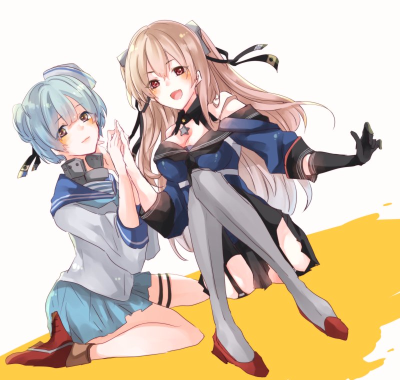2girls aqua_neckwear aqua_skirt black_gloves black_legwear black_ribbon black_skirt blue_hair blue_sailor_collar blue_shirt breasts brown_eyes cleavage dixie_cup_hat double_bun dutch_angle garter_straps gloves hat hat_ribbon high_heels johnston_(kantai_collection) kantai_collection light_brown_hair long_hair long_sleeves looking_at_viewer medium_breasts military_hat miniskirt multiple_girls neckerchief off_shoulder open_mouth pleated_skirt red_eyes red_footwear ribbon rudder_footwear saiko_(saisaka) sailor_collar samuel_b._roberts_(kantai_collection) school_uniform serafuku shin_guards shirt short_hair single_glove sitting skirt sleeve_cuffs smile thigh-highs twintails us_medal_of_honor white_hat white_shirt