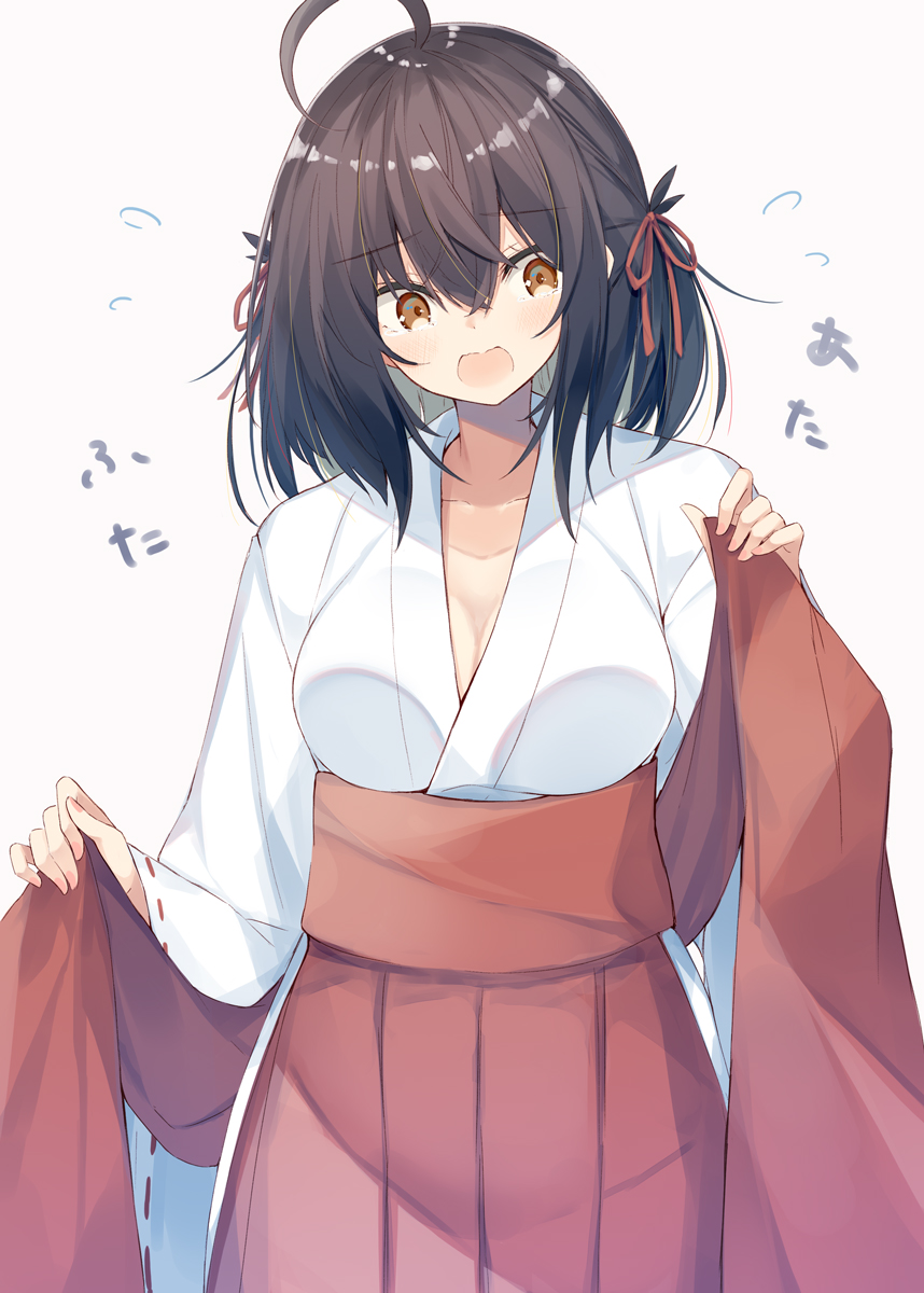 1girl bangs blush breasts brown_eyes brown_hair cola commentary_request eyebrows_visible_through_hair fingernails flying_sweatdrops grey_background hair_between_eyes hakama head_tilt highres holding japanese_clothes kavka kimono long_sleeves medium_breasts miko nail_polish open_mouth original pink_nails red_hakama ribbon-trimmed_sleeves ribbon_trim short_kimono simple_background solo white_kimono wide_sleeves