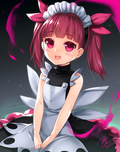 1girl :d black_background black_dress blush dress hair_ribbon kemurikusa looking_at_viewer maid_headdress open_mouth pink_eyes pink_ribbon redhead ribbon rina_(kemurikusa) sanom signature sleeveless sleeveless_dress smile solo twintails v_arms