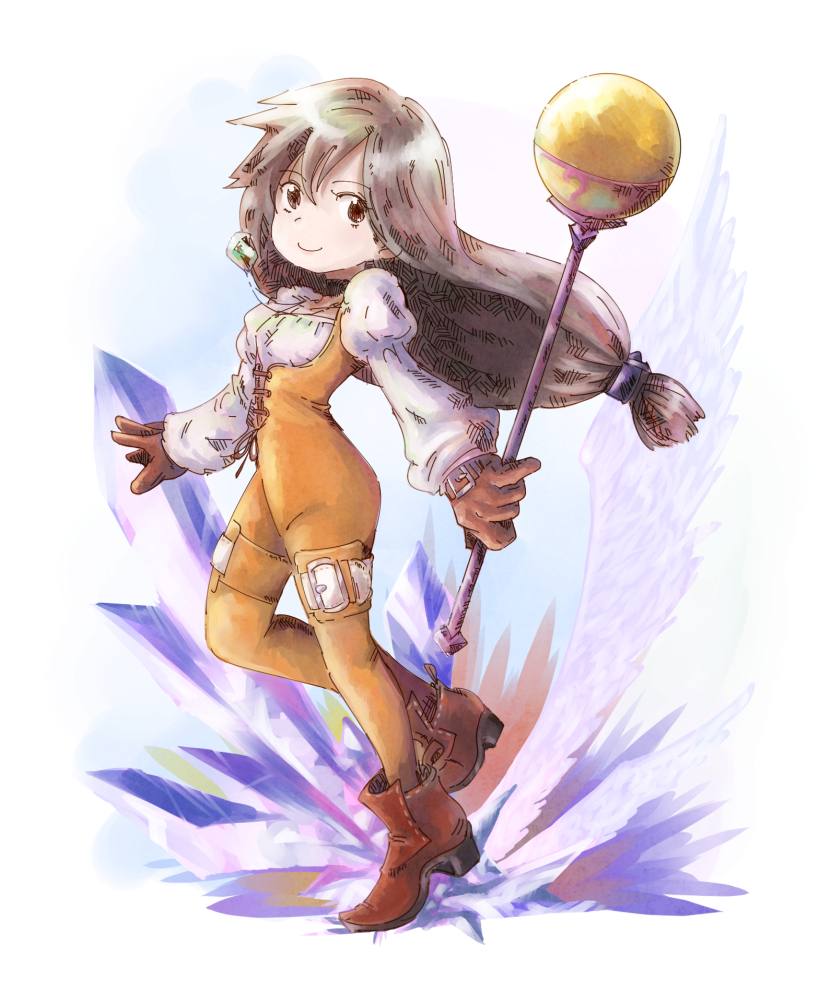 1girl black_hair bodysuit boots breasts brown_eyes choker commentary_request corset crystal final_fantasy final_fantasy_ix garnet_til_alexandros_xvii gloves high_heel_boots high_heels jewelry long_hair necklace orange_bodysuit shouta_(shbz) smile solo staff weapon wings