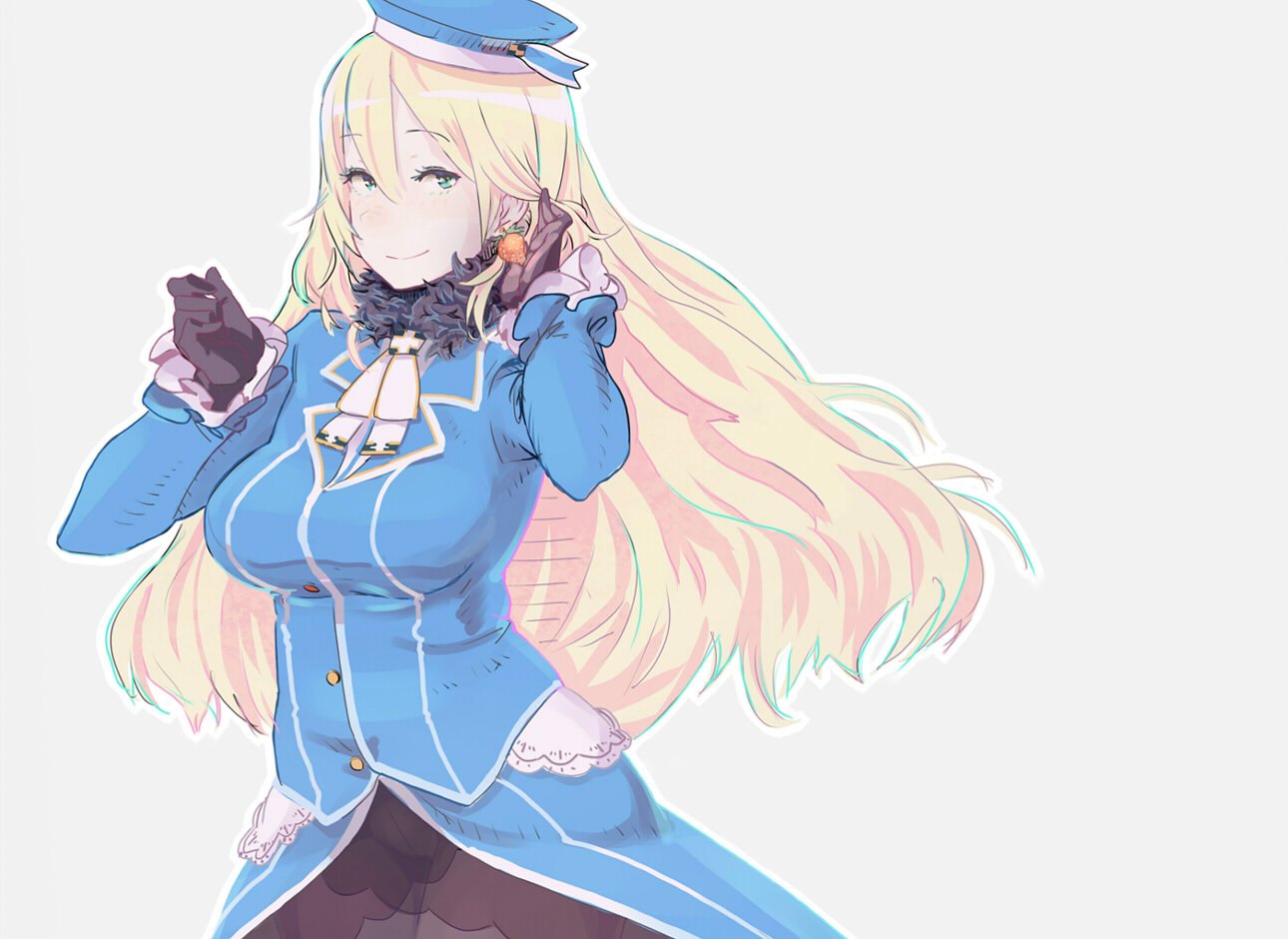 1girl atago_(kantai_collection) bangs beret black_gloves blonde_hair breasts buttons closed_mouth eyebrows_visible_through_hair food fruit gloves green_eyes grey_background hat kantai_collection long_hair long_sleeves looking_at_viewer military military_uniform ribbon simple_background smile solo strawberry uniform you_(yawnmgmg)