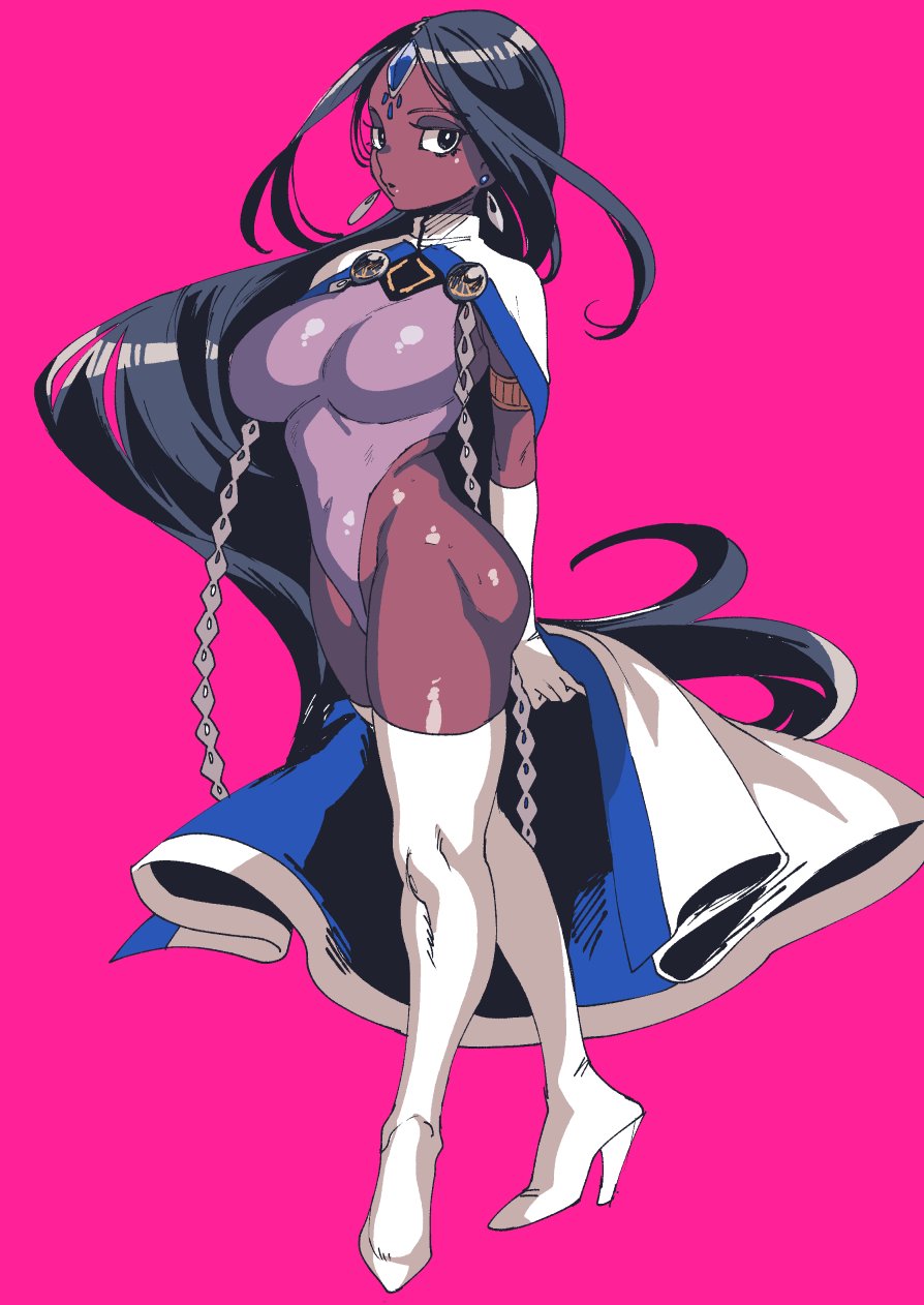 1girl absurdly_long_hair arjuna_(fate/grand_order) black_hair breasts dark_skin earrings fate/grand_order fate_(series) genderswap genderswap_(mtf) gloves high_heels highleg highleg_leotard highres kbtmsboy large_breasts leotard long_hair looking_at_viewer pink_background simple_background solo thigh-highs very_long_hair white_legwear