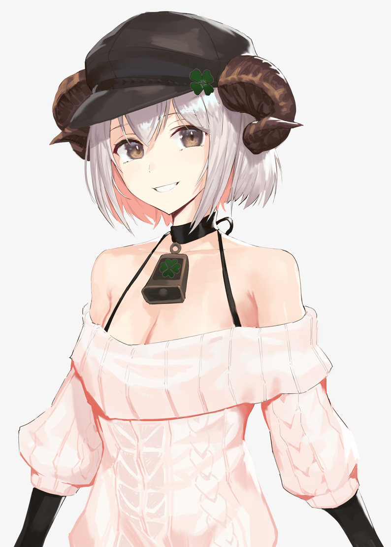 1girl :d arms_at_sides bangosu bangs bare_shoulders bell black_choker black_hat bra_strap breasts brown_eyes choker cleavage clover collarbone commentary_request four-leaf_clover gradient gradient_background grey_background grin hat horns knit_(pop'n_music) long_sleeves looking_at_viewer medium_breasts off-shoulder_sweater open_mouth pop'n_music short_hair silver_hair smile solo sweater teeth upper_body virtual_youtuber white_sweater