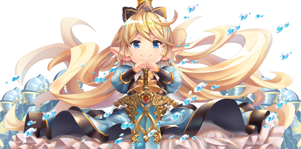 1girl blonde_hair blue_eyes blush charlotta_fenia closed_mouth commentary_request crown dress eyebrows_visible_through_hair floating_hair granblue_fantasy hand_on_hilt harvin long_hair o_(rakkasei) own_hands_together pointy_ears smile solo sword v-shaped_eyebrows very_long_hair weapon white_background
