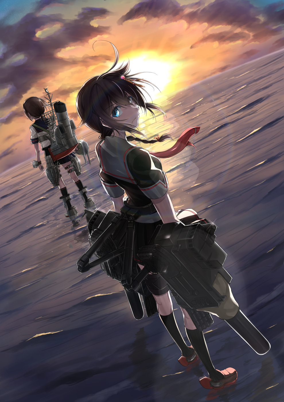 2girls ahoge black_hair black_legwear black_sailor_collar black_serafuku black_skirt blue_eyes braid clouds commentary_request dutch_angle eyebrows_visible_through_hair from_behind fubuki_(kantai_collection) full_body hair_flaps hair_ornament hair_over_shoulder hair_ribbon highres kantai_collection kneehighs looking_at_viewer looking_back low_ponytail machinery mast multiple_girls neckerchief ocean pleated_skirt ponytail red_neckwear remodel_(kantai_collection) ribbon rigging sailor_collar school_uniform serafuku shigure_(kantai_collection) short_ponytail sidelocks single_braid skirt smokestack standing standing_on_liquid sunset thigh_strap torpedo torpedo_tubes turret type_94_anti-aircraft_fire_detector v_r_dragon01 waves