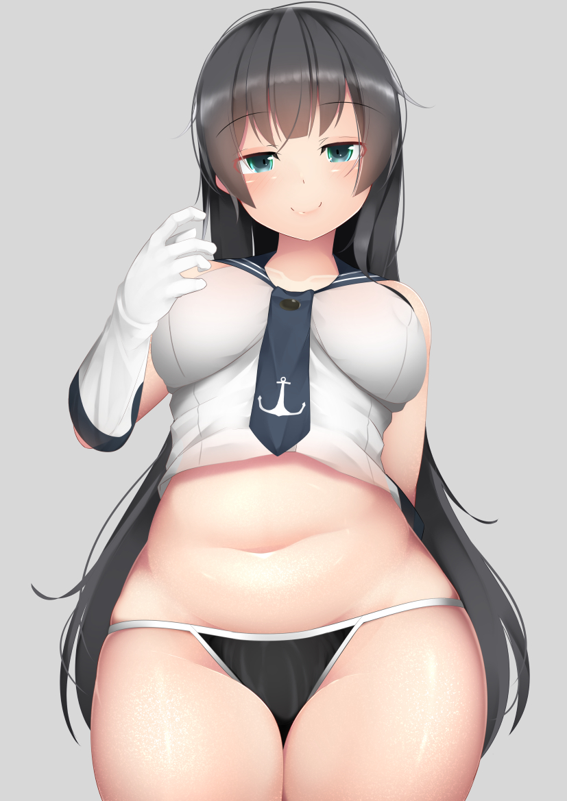 1girl agano_(kantai_collection) aqua_eyes arms_behind_back bangs black_hair black_neckwear black_panties black_sailor_collar blush breasts closed_mouth collarbone commentary_request cowboy_shot eyebrows_visible_through_hair from_below gloves grey_background groin half-closed_eyes hand_up kantai_collection large_breasts long_hair looking_at_viewer looking_down navel ne_an_ito necktie panties plump sailor_collar shiny shiny_skin shirt simple_background sleeveless sleeveless_shirt smile smug solo stomach thighs underwear very_long_hair white_gloves white_shirt