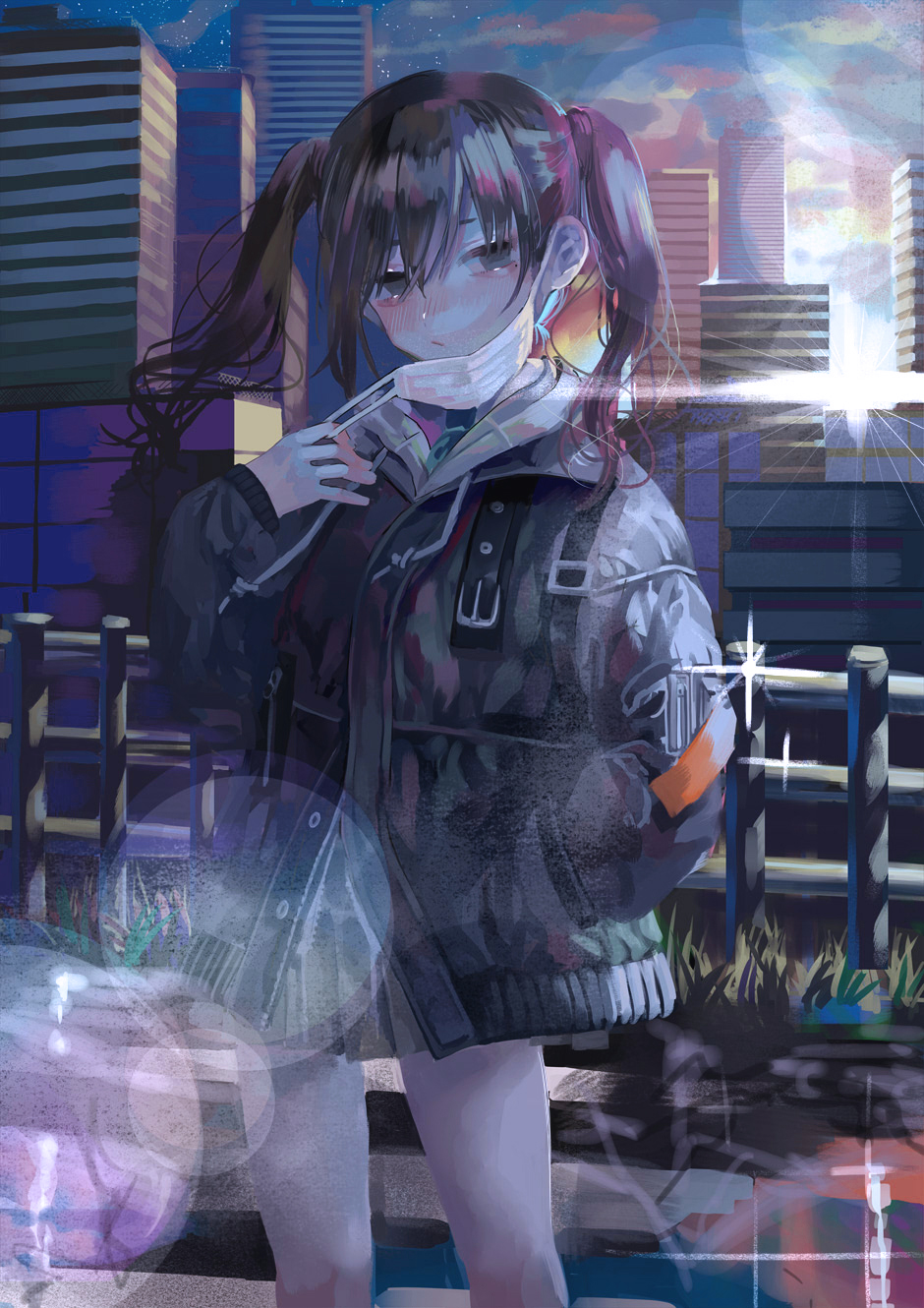 1girl blush brown_hair city cityscape collared_shirt expressionless face_mask green_neckwear highres hood hoodie idolmaster idolmaster_cinderella_girls koume_5656 mask mole mole_under_eye morning necktie parka rising_sun shirt skirt solo sparkle star sunazuka_akira sunburst surgical_mask twintails