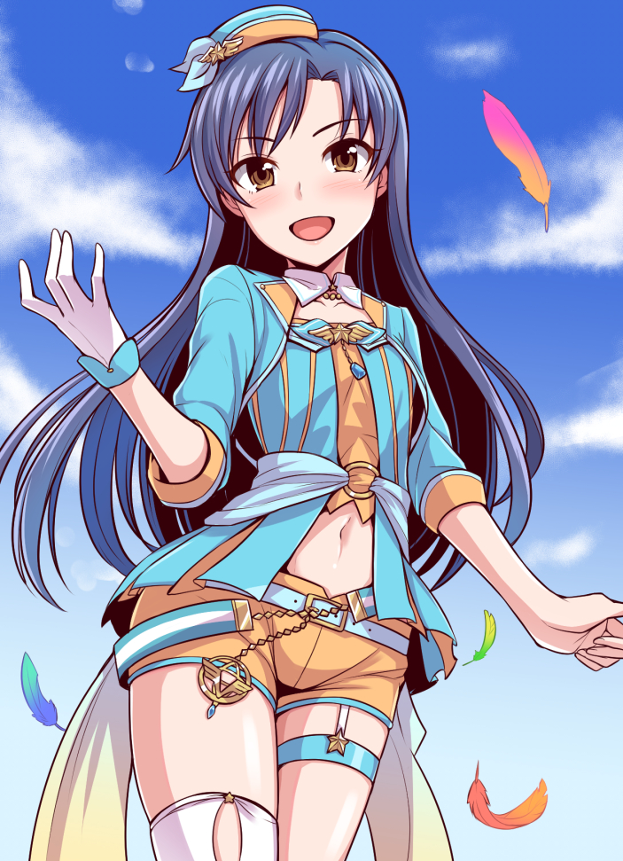 1girl bangs belt blue_belt blue_hair blue_sky blush brown_eyes chains clouds collar collarbone dan_(orange_train) eyebrows_visible_through_hair feathers gloves hat idolmaster idolmaster_(classic) jewelry kisaragi_chihaya legs_together long_hair looking_at_viewer midriff navel open_mouth orange_shorts parted_bangs ring shiny shiny_skin short_shorts shorts single_glove single_thighhigh sky smile star thigh-highs thigh_strap thighs white_collar white_gloves white_legwear wings