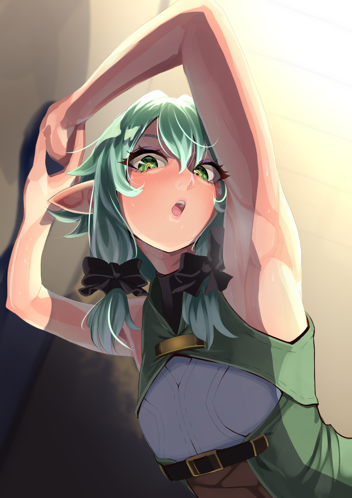 1girl armpits arms_up atatatamu blush elbow_gloves elf gloves goblin_slayer! green_eyes green_hair high_elf_archer_(goblin_slayer!) looking_at_viewer open_mouth pointy_ears sleeveless solo sweat