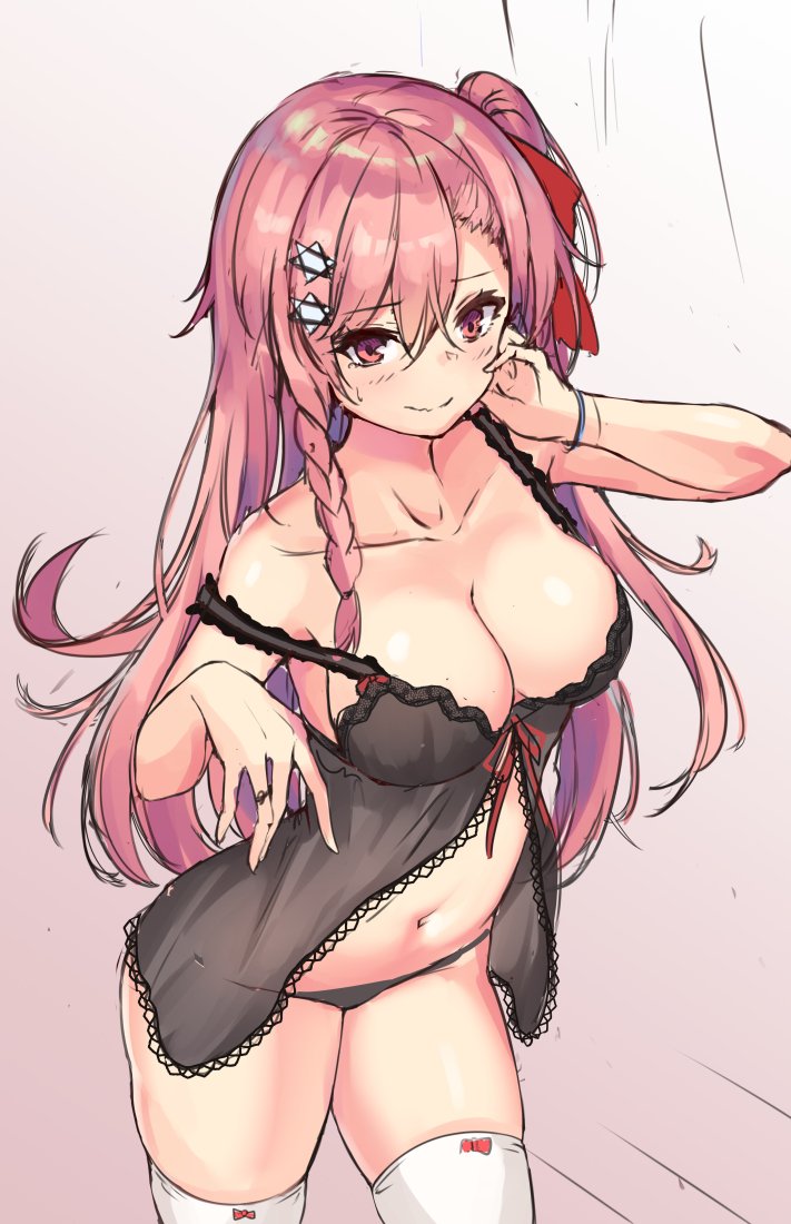 1girl bangs bare_shoulders black_babydoll black_panties blush bow braid breasts cenangam cleavage collarbone eyebrows_visible_through_hair girls_frontline hair_between_eyes hair_bow hair_ornament hair_ribbon hairclip hand_on_own_face hand_up hexagram jewelry long_hair looking_at_viewer medium_breasts navel negev_(girls_frontline) one_side_up panties pink_hair red_bow red_eyes ribbon ribbon-trimmed_legwear ribbon_trim ring skindentation smile solo star_of_david stomach strap_slip sweatdrop underwear white_legwear work_in_progress wristband