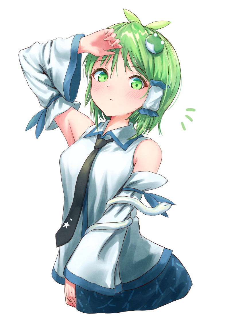 1girl alternate_hair_length alternate_hairstyle antenna_hair arm_up armpits bangs black_neckwear blue_skirt blush breasts commentary_request cowboy_shot cropped_legs detached_sleeves eyebrows_visible_through_hair frog_hair_ornament green_eyes green_hair hair_ornament hair_tubes kochiya_sanae long_sleeves looking_at_viewer medium_breasts necktie roke_(taikodon) shirt short_hair simple_background skirt snake solo star star_print touhou white_background white_shirt wide_sleeves