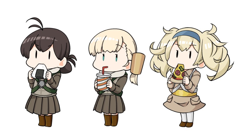 3girls drinking eating fairy_(kantai_collection) folded_ponytail food fujinoki_(horonabe-ken) gambier_bay_(kantai_collection) harness kantai_collection kasuga_maru_(kantai_collection) multiple_girls onigiri pizza pleated_skirt shin'you_(kantai_collection) skirt soda