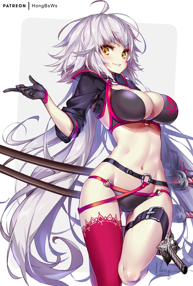 1girl ahoge bikini black_bikini black_gloves black_jacket border choker commentary_request cropped_jacket fate/grand_order fate_(series) gloves grey_background hong_(white_spider) jacket jeanne_d'arc_(alter_swimsuit_berserker) jeanne_d'arc_(fate)_(all) katana long_hair o-ring o-ring_bikini o-ring_bottom o-ring_top red_legwear shrug_(clothing) single_thighhigh swimsuit sword thigh-highs thigh_strap weapon white_border white_hair yellow_eyes