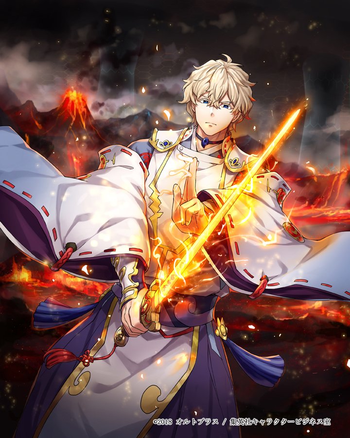 1boy black_cloud blonde_hair blue_eyes clouds copyright_request dated detached_sleeves flaming_sword gabiran grey_sky hand_up holding holding_sword holding_weapon magatama magic male_focus molten_rock official_art outdoors serious smoke standing sword tassel volcano weapon wide_sleeves