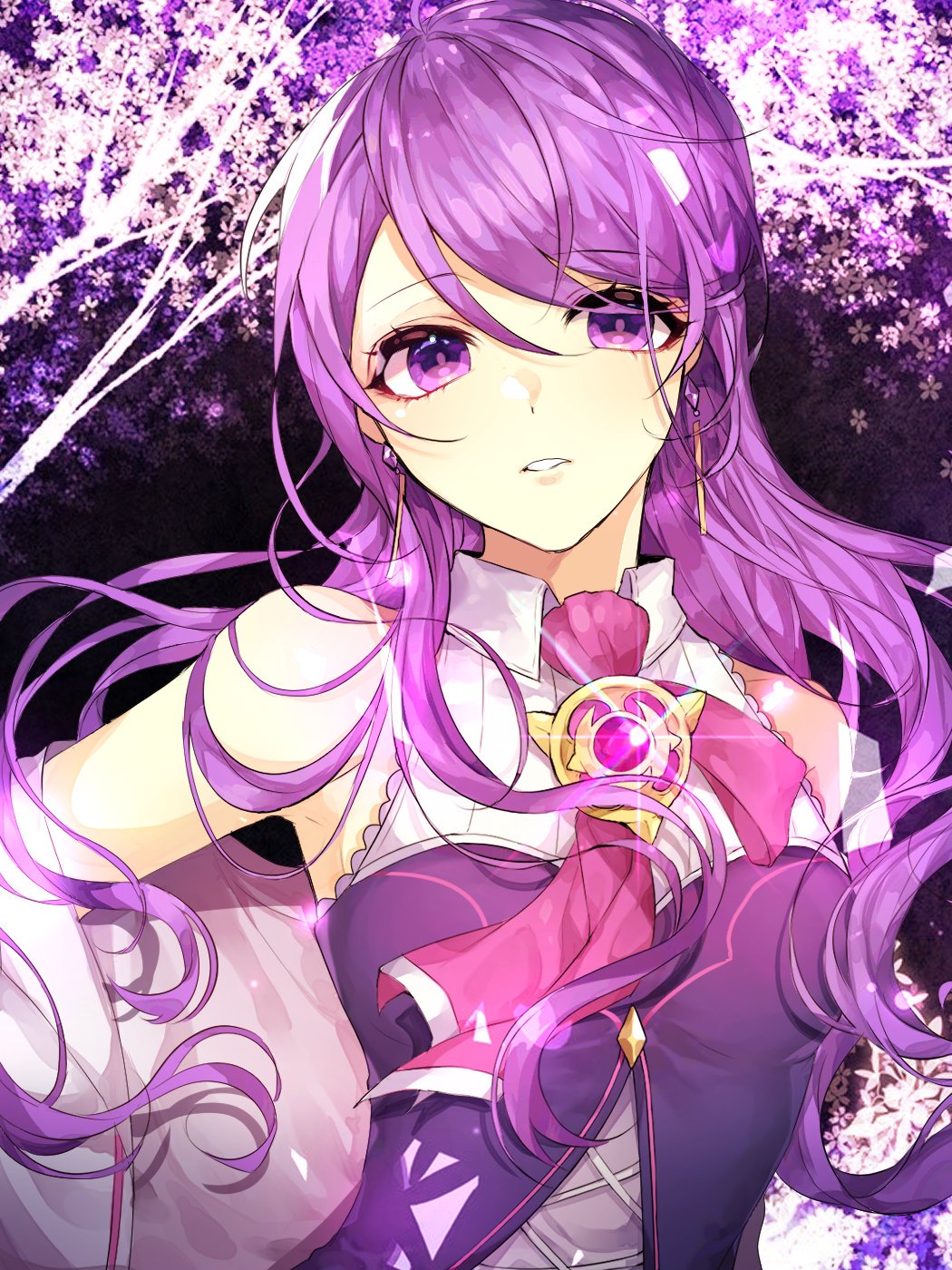 1girl aether_sage_(elsword) aisha_(elsword) armpits artist_request bare_shoulders cloak earrings elsword eyebrows_visible_through_hair floral_background gem highres jewelry long_hair open_mouth purple_hair solo very_long_hair violet_eyes