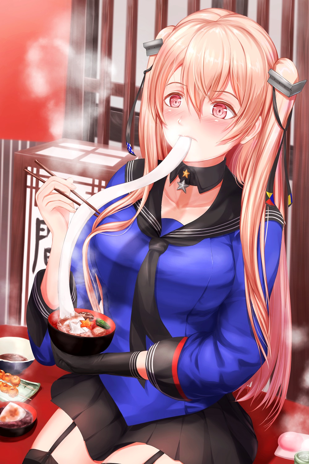 1girl black_gloves black_legwear black_skirt blue_shirt bowl breasts chopsticks cleavage commentary_request cowboy_shot eating garter_straps gloves highres johnston_(kantai_collection) kantai_collection light_brown_hair long_hair medium_breasts mochi off_shoulder orange_eyes pleated_skirt sabakuomoto sailor_collar school_uniform serafuku shirt single_glove sitting skirt solo thigh-highs twintails zouni_soup