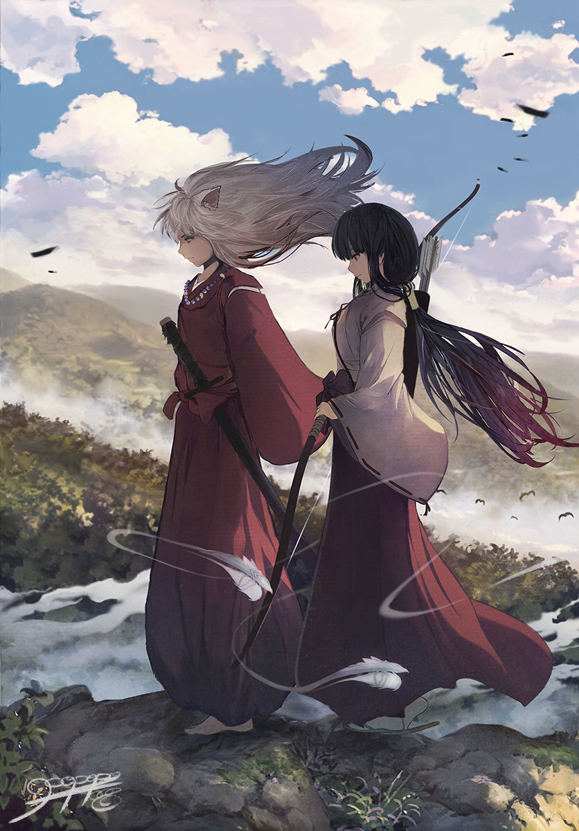 1boy 1girl animal_ears barefoot black_hair bow_(weapon) cat_ears clouds floating_hair from_side full_body fur-trimmed_sleeves fur_trim hakama highres holding holding_bow_(weapon) holding_weapon inuyasha inuyasha_(character) japanese_clothes kikyou_(inuyasha) kimono long_hair looking_down ponytail popopo_(popopo5656) red_hakama red_kimono red_ribbon ribbon signature silver_hair walking weapon white_kimono