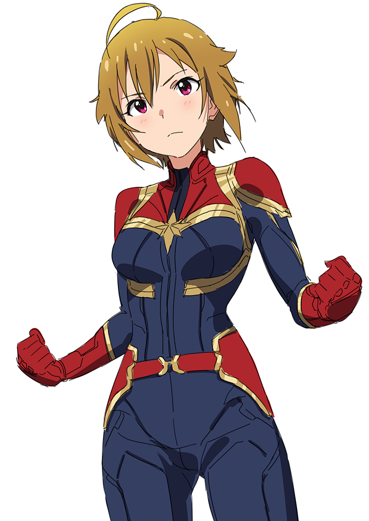 1girl ahoge avengers bodysuit brown_hair captain_marvel captain_marvel_(cosplay) clenched_hands cosplay cowboy_shot fighting_stance ibuki_tsubasa idolmaster idolmaster_million_live! marvel parody pink_eyes serious short_hair simple_background solo taku1122 white_background