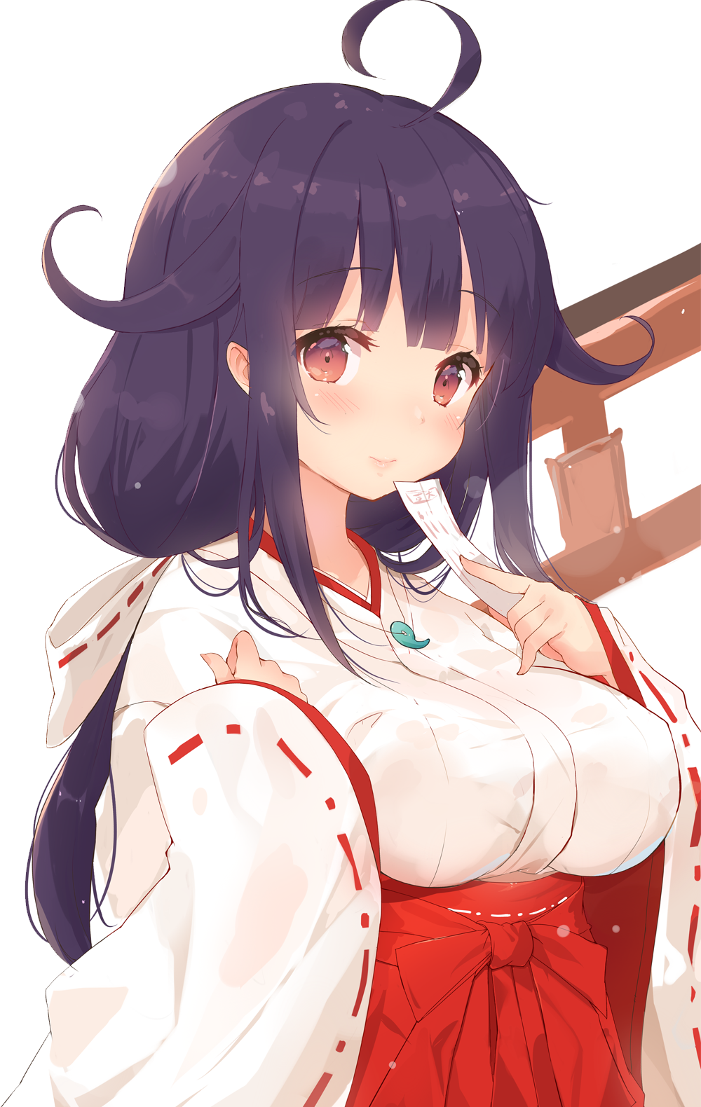 1girl blush breasts closed_mouth eyebrows_visible_through_hair hair_flaps highres japanese_clothes kagerou_(shadowmage) kantai_collection kimono large_breasts low_twintails miko purple_hair red_eyes simple_background smile solo taigei_(kantai_collection) twintails white_background white_kimono