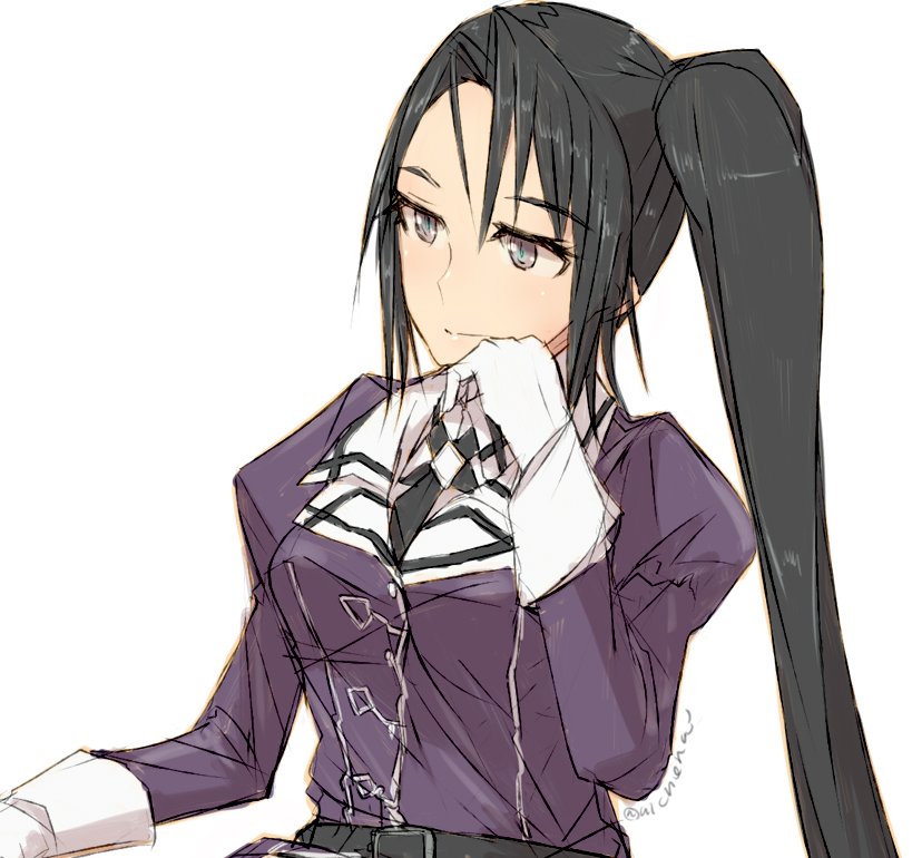 1girl alchera belt black_hair expressionless eyebrows_visible_through_hair gloves grey_eyes hand_on_own_chin kantai_collection looking_to_the_side military military_uniform nachi_(kantai_collection) remodel_(kantai_collection) side_ponytail simple_background solo twitter_username uniform upper_body white_background white_gloves