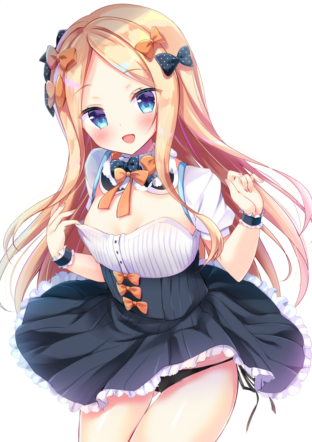 1girl abigail_williams_(fate/grand_order) bangs black_panties blonde_hair blue_eyes blush bow breasts choker collarbone commentary_request cowboy_shot dress eyebrows_visible_through_hair fate/grand_order fate_(series) frills gluteal_fold hair_between_eyes highres long_hair looking_at_viewer maid masayo_(gin_no_ame) no_bra open_mouth orange_bow panties parted_bangs polka_dot polka_dot_bow ribbon short_sleeves side-tie_panties simple_background smile solo standing underwear very_long_hair white_background wrist_cuffs