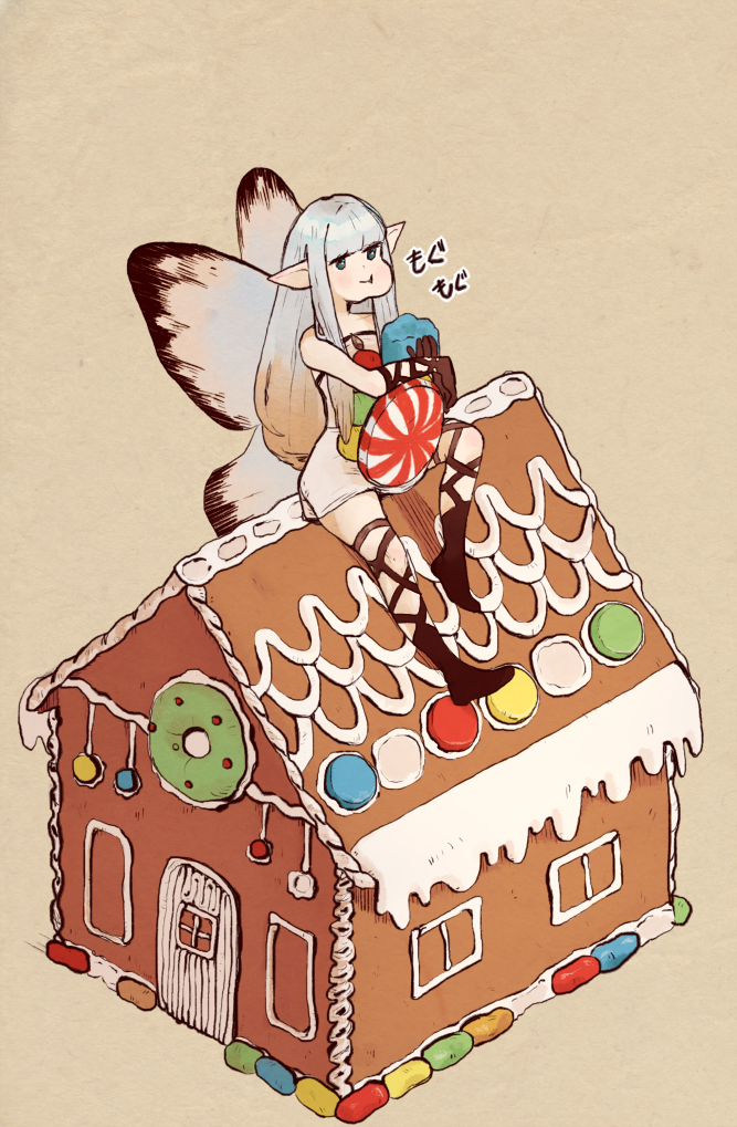 1girl aerie_(bravely_default) bare_shoulders black_gloves bravely_default:_flying_fairy bravely_default_(series) candy christmas cute dress eating fairy fairy_wings food gingerbread_cookie gingerbread_house gloves green_eyes house jelly_bean jnr.btts long_hair nintendo pointy_ears short_dress silver_hair sitting solo square_enix strapless strapless_dress thigh_strap white_dress wings