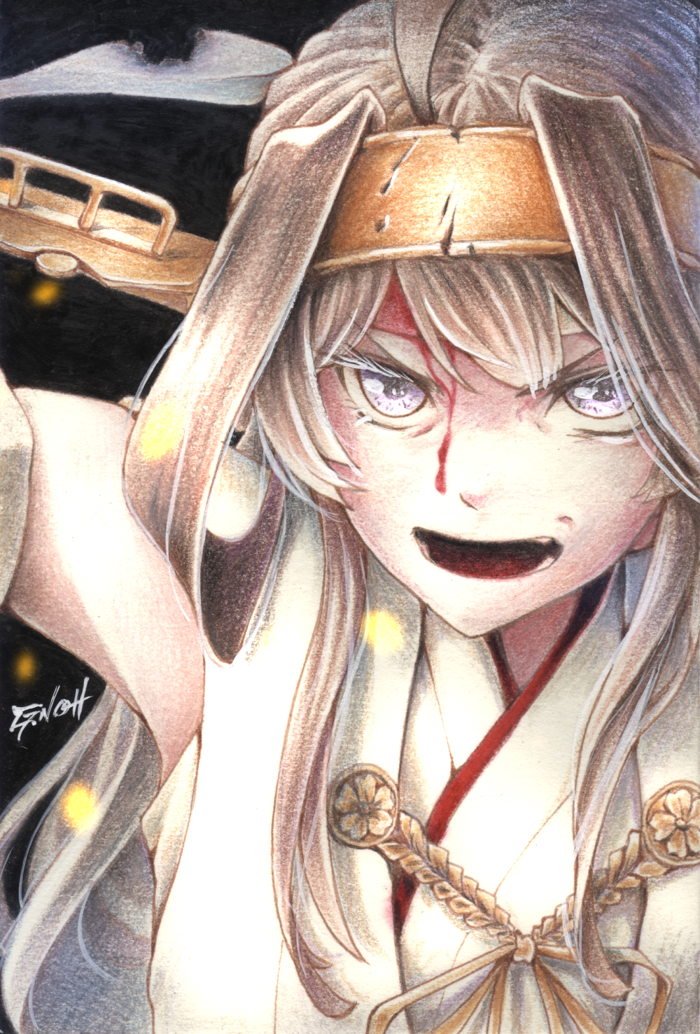 ahoge blood blood_on_face damaged highres injury kantai_collection kongou_(kantai_collection) lavender_eyes light_brown_hair millipen_(medium) nontraditional_miko open_mouth tesun_(g_noh) traditional_media watercolor_pencil_(medium)