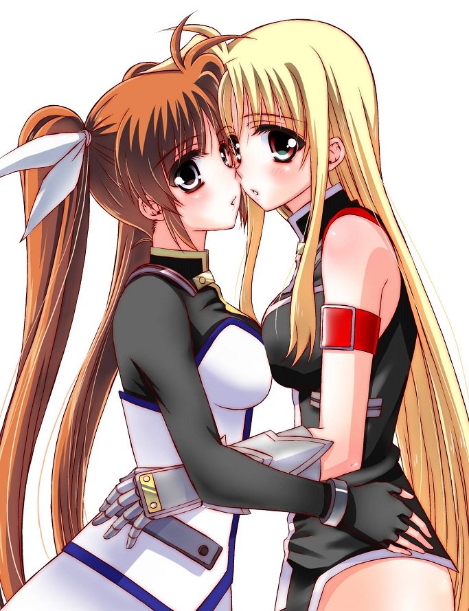 2girls arm_strap bangs black_ribbon black_shirt blue_eyes breast_press brown_hair commentary_request dress eyebrows_visible_through_hair face-to-face fate_testarossa fingerless_gloves from_side gauntlets gloves hair_ribbon hands_on_another's_hips hug kohaku_(kohagura) light_blush light_frown lips long_hair long_sleeves looking_at_viewer lyrical_nanoha magical_girl mahou_shoujo_lyrical_nanoha_strikers multiple_girls parted_lips ribbon shirt simple_background sleeveless standing symmetrical_docking takamachi_nanoha twintails upper_body white_background white_dress yuri