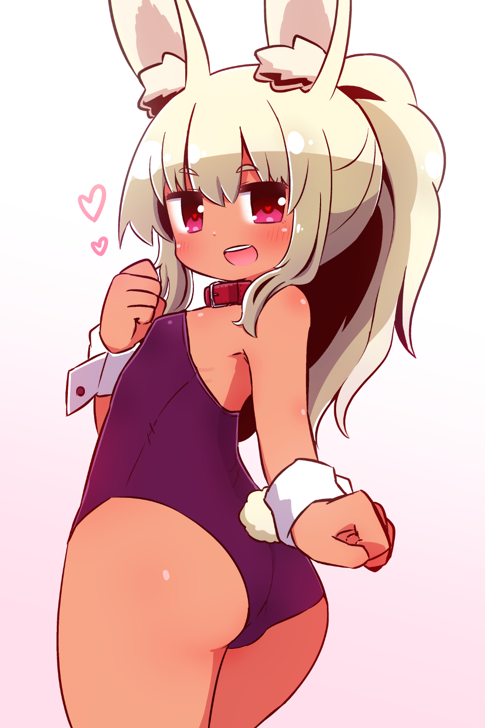 1girl :d animal_ear_fluff animal_ears ass bangs bare_shoulders blonde_hair blush breasts bunny_girl bunny_tail bunnysuit dark_skin eyebrows_visible_through_hair gradient gradient_background hair_between_eyes hand_up heart heart-shaped_pupils high_ponytail highres leotard looking_at_viewer looking_back masurao_(sekaiju) naga_u open_mouth pink_background ponytail purple_leotard rabbit_ears red_eyes sekaiju_no_meikyuu sekaiju_no_meikyuu_5 sidelocks small_breasts smile solo strapless strapless_leotard symbol-shaped_pupils tail upper_teeth white_background wrist_cuffs