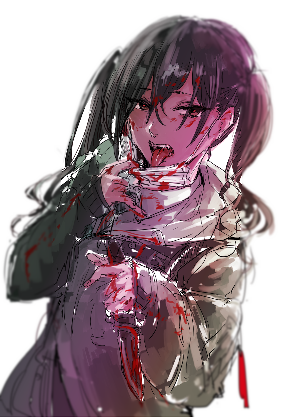 1girl black_hair blood bloody_clothes brown_eyes highres holding holding_knife hood hooded_jacket idolmaster idolmaster_cinderella_girls jacket knife mask necktie open_mouth osakana_(denpa_yun'yun) school_uniform sharp_teeth sketch sleeves_past_wrists solo sunazuka_akira teeth tongue tongue_out twintails