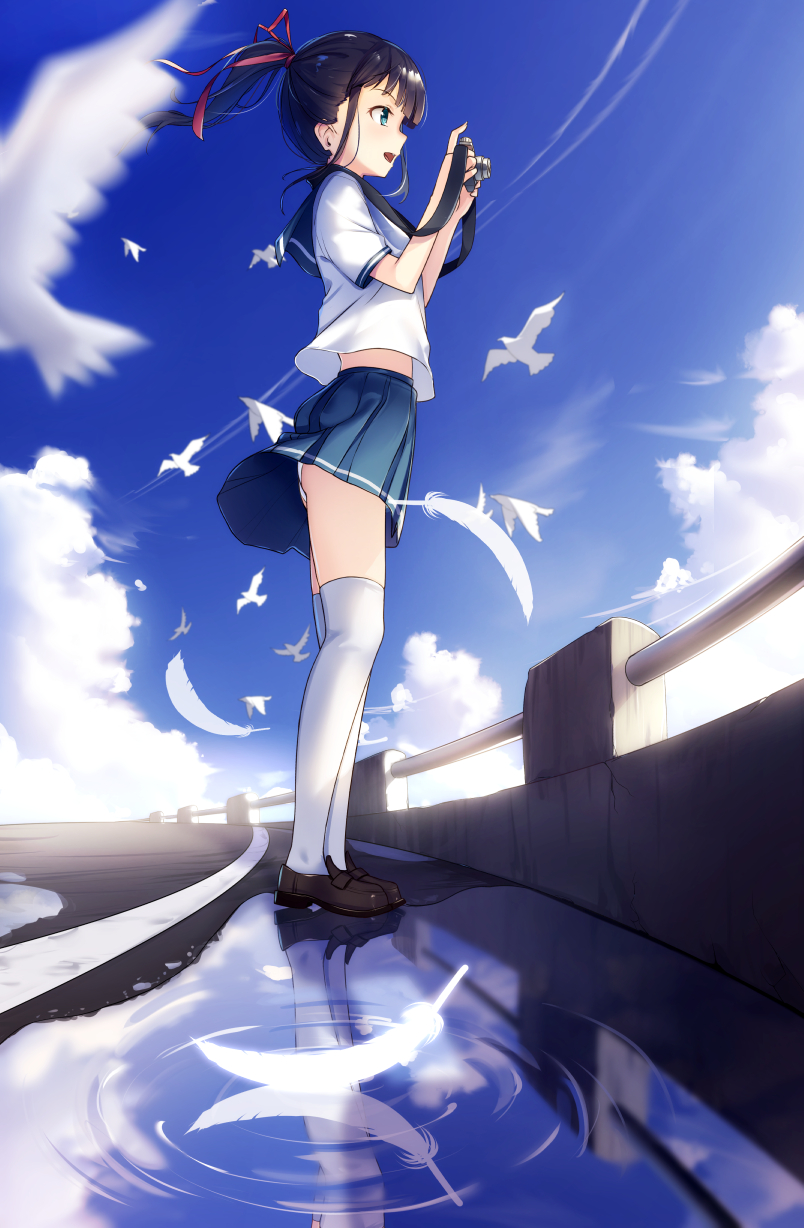 1girl :d animal bangs bird black_hair blue_eyes blue_sailor_collar blue_skirt blue_sky blurry blurry_foreground brown_footwear camera clouds commentary_request condensation_trail day depth_of_field feathers hair_ribbon highres holding holding_camera loafers open_mouth original outdoors panties pleated_skirt ponytail profile puddle red_ribbon reflection revision ribbon ripples sailor_collar school_uniform serafuku shirt shoes short_sleeves skirt sky smile solo standing thigh-highs underwear white_feathers white_legwear white_panties white_shirt yan_(nicknikg)