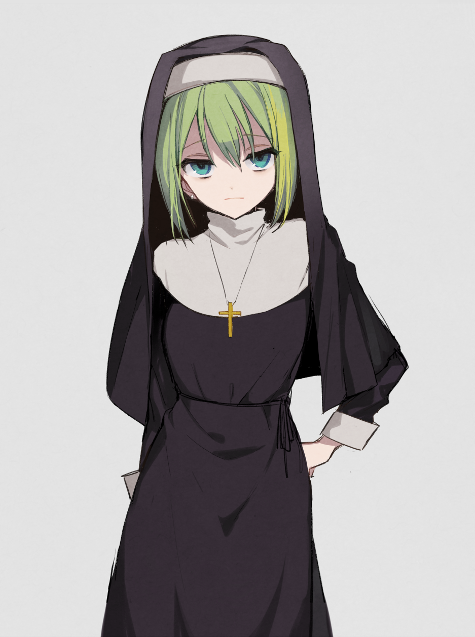 1girl alina_gray aqua_eyes bangs black_dress boyano closed_mouth cross cross_necklace dress earrings eyebrows_visible_through_hair green_hair grey_background habit hair_between_eyes hand_on_hip highres jewelry latin_cross long_sleeves looking_at_viewer magia_record:_mahou_shoujo_madoka_magica_gaiden mahou_shoujo_madoka_magica necklace nun sidelocks simple_background solo