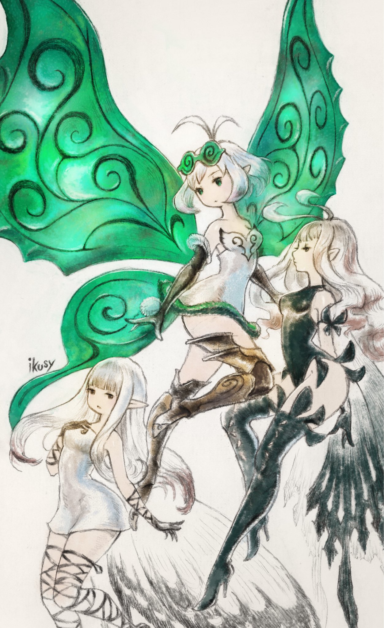 3girls aerie_(bravely_default) anne_(bravely_second) antenna_hair arms_behind_back bare_shoulders black_gloves black_legwear black_leotard boots bravely_default:_fairy's_effect bravely_default:_flying_fairy bravely_default_(series) bravely_second:_end_layer brown_eyes brown_legwear commentary_request dress elbow_gloves eyewear_on_head fairy fairy_wings glasses gloves green_eyes hand_on_own_chest high_heels highres ikusy leotard long_hair multiple_girls official_art pointy_ears rinne_(bravely_default) short_dress short_hair sketch strapless strapless_dress thigh-highs thigh_boots thigh_strap white_dress white_hair wings