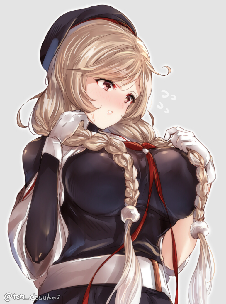 1girl alternate_costume belt beret black_hat black_serafuku blush braid breasts cosplay eyebrows_visible_through_hair gloves grey_background hat juurouta kantai_collection large_breasts light_brown_hair long_hair minegumo_(kantai_collection) murasame_(kantai_collection) murasame_(kantai_collection)_(cosplay) red_eyes red_neckwear school_uniform serafuku solo teeth twin_braids twitter_username upper_body white_belt white_gloves