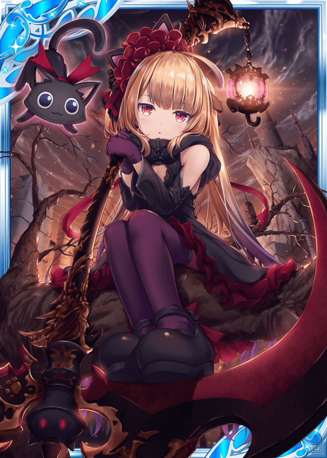 1girl akkijin bare_shoulders bare_tree black_cat blonde_hair card_(medium) castle cat gloves hair_ornament huge_weapon kitten lamp long_hair looking_at_viewer night night_sky official_art purple_gloves purple_legwear red_eyes scythe shinkai_no_valkyrie sitting sky thigh-highs tree weapon