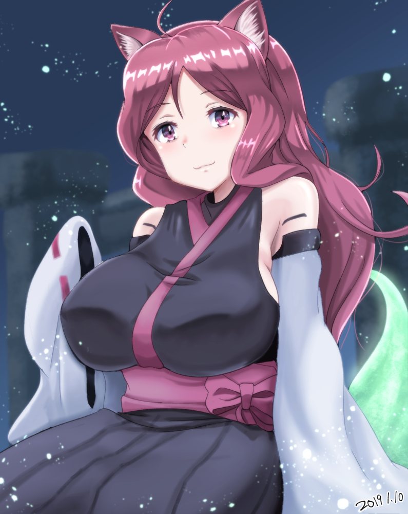 1girl :3 ahoge animal_ears bare_shoulders blurry blush breasts closed_mouth dated depth_of_field detached_sleeves eyebrows_visible_through_hair head_tilt japanese_clothes kemurikusa large_breasts long_hair night number outdoors pink_eyes redhead ribbon-trimmed_sleeves ribbon_trim ritsu_(kemurikusa) samenoido sitting sleeves_past_fingers sleeves_past_wrists solo wide_sleeves