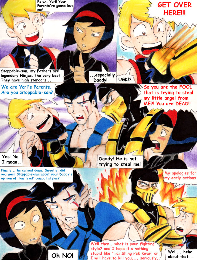 1girl 3boys bangs black_gloves black_hair blonde_hair blue_eyes brown_eyes brown_hair character_request comic commentary crossed_arms crossover english_commentary english_text family fingerless_gloves fire gloves grey_eyes kim_possible mask mortal_kombat multiple_boys ninja no_pupils o_o ronald_stoppable scar scar_across_eye scared scorpion_(mortal_kombat) short_hair sleeveless sub-zero toon very_short_hair yogurthfrost yori_yori