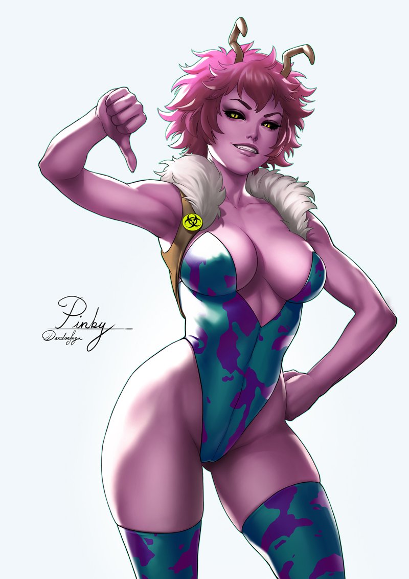 1girl ashido_mina black_sclera boku_no_hero_academia breasts character_name cleavage cropped_jacket dandon_fuga fur_trim grin horns large_breasts looking_at_viewer pink_hair pink_skin short_hair signature simple_background smile solo standing thigh-highs thumbs_down white_background yellow_eyes