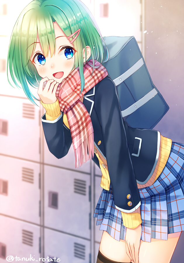 :d backpack bag blazer blue_eyes blue_skirt green_hair hair_ornament hairclip hand_up indoors jacket locker long_sleeves looking_at_viewer medium_hair open_mouth original pink_scarf plaid plaid_scarf plaid_skirt scarf school_uniform shirai_tanuki skirt smile takeda_emi thigh-highs twitter_username