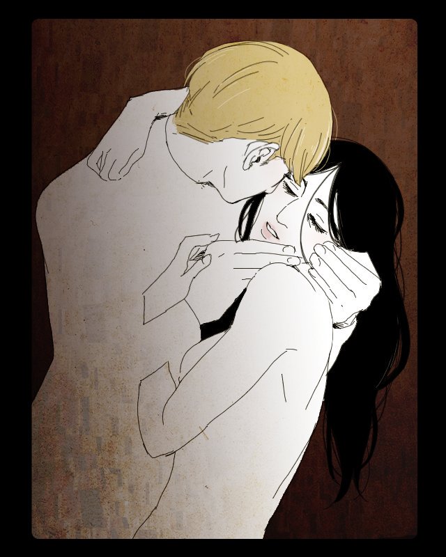 2girls black_hair blonde_hair closed_eyes couple fine_art_parody gustav_klimt imminent_kiss kiss long_hair multiple_girls parody pieck shingeki_no_kyojin short_hair the_kiss yelena_(shingeki_no_kyojin) yuri