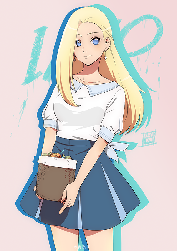 1girl basket blonde_hair blue_eyes blue_skirt character_name collarbone earrings holding holding_basket index_finger_raised jewelry lee1210 long_hair looking_at_viewer miniskirt naruto_(series) naruto_shippuuden pleated_skirt shadow shirt short_sleeves skirt solo standing white_shirt yamanaka_ino