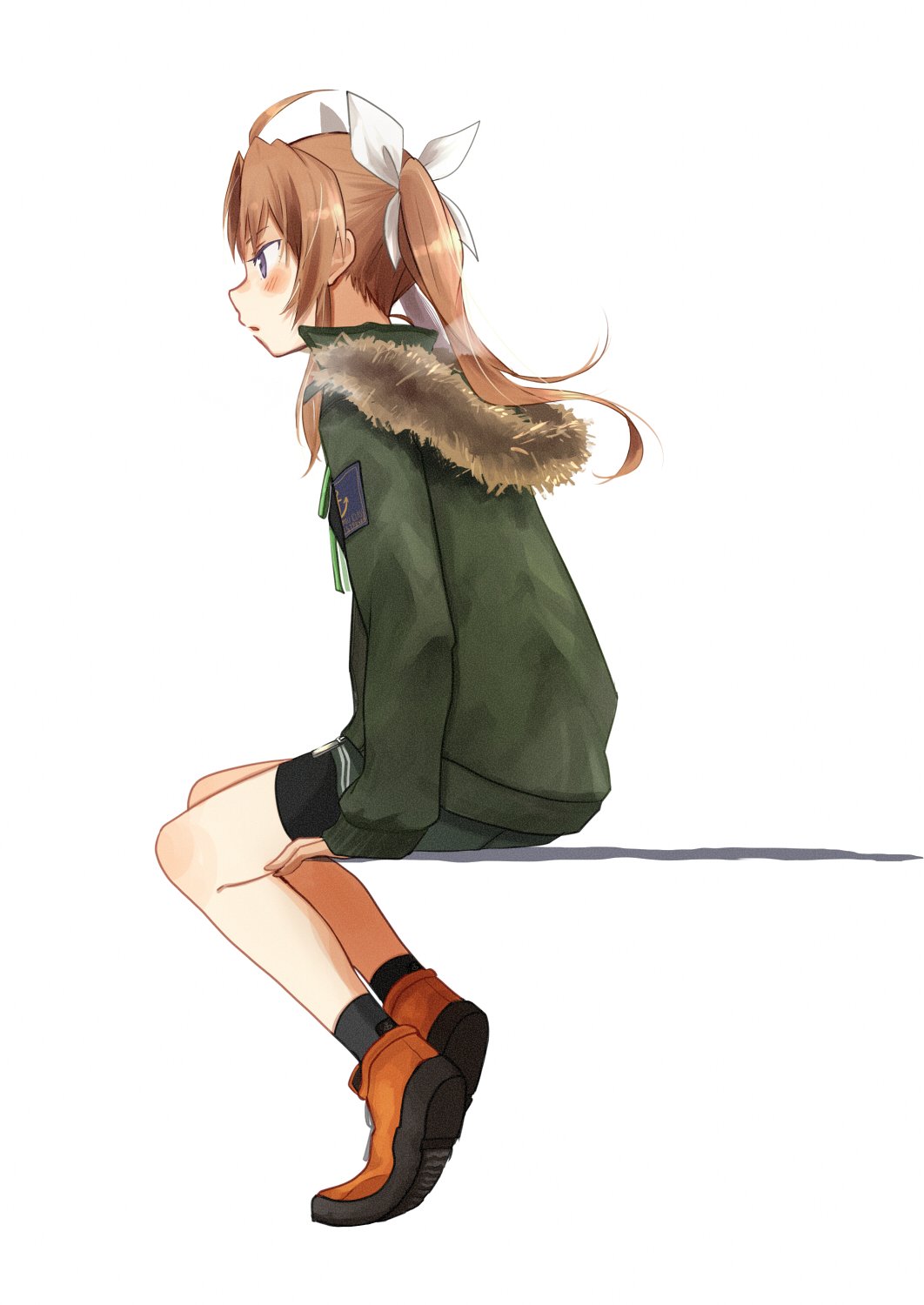 1girl ahoge alternate_costume annin_musou bike_shorts black_shorts brown_hair commentary_request full_body fur-trimmed_jacket fur_trim green_jacket hair_ribbon highres invisible_chair jacket kagerou_(kantai_collection) kantai_collection orange_footwear profile remodel_(kantai_collection) ribbon shoes shorts simple_background sitting sneakers solo twintails violet_eyes white_background white_ribbon