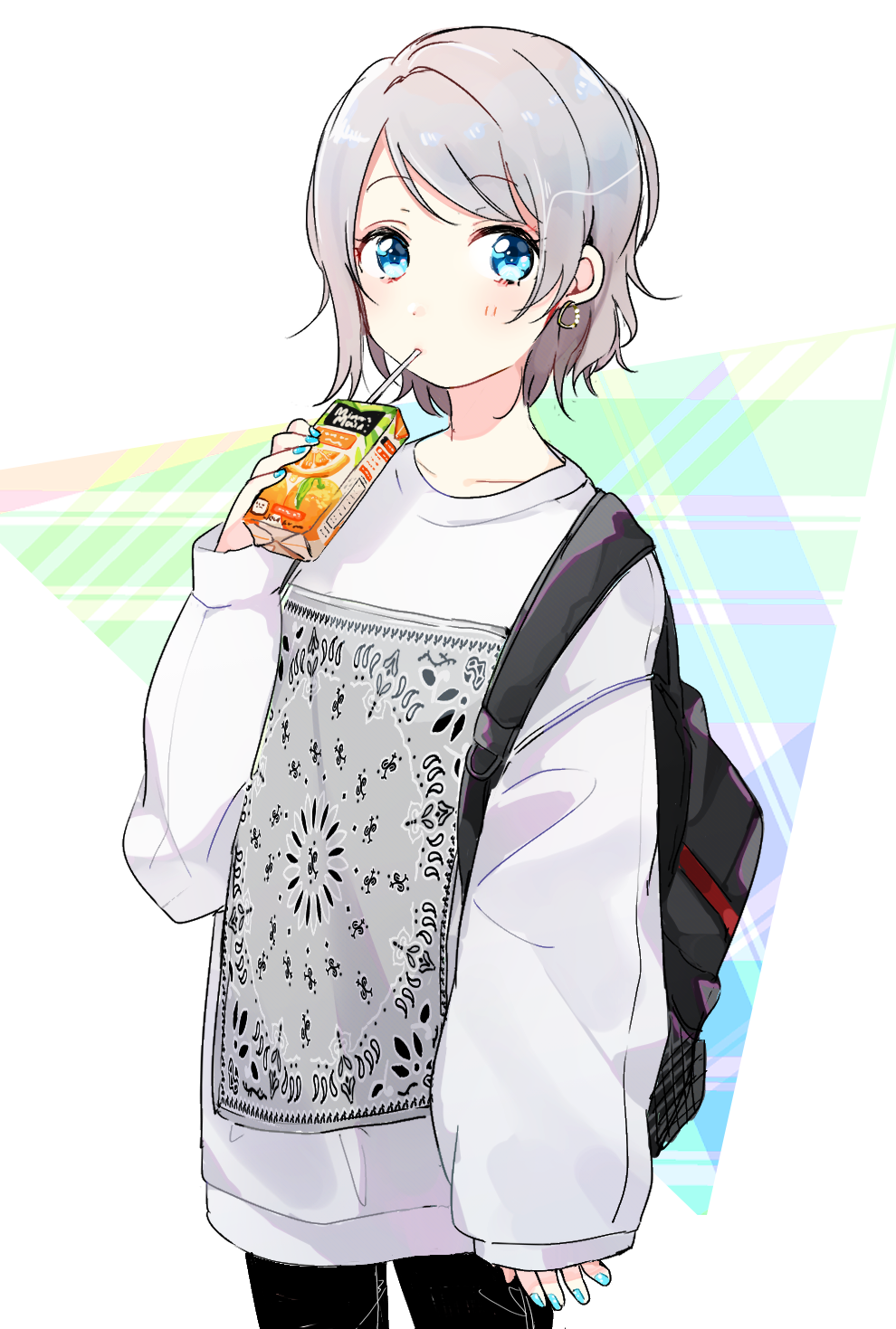 1girl arm_at_side backpack bag black_pants blue_eyes blue_nails collarbone cowboy_shot drinking drinking_straw earrings grey_hair highres holding hoop_earrings jewelry juice_box long_sleeves looking_at_viewer love_live! love_live!_sunshine!! minute_maid mugi_(8ig6) nail_polish orange_juice oversized_clothes oversized_shirt pants print_shirt shirt short_hair solo watanabe_you white_shirt