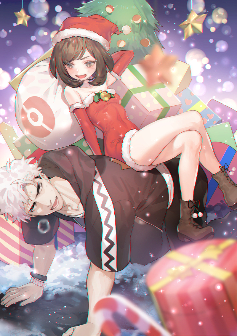 1boy 1girl :d arm_up bare_shoulders bell blurry_foreground boots brown_eyes brown_footwear brown_hair candy candy_cane christmas christmas_ornaments christmas_tree covered_navel creatures_(company) elbow_gloves eye_contact food game_freak gift gloves guzma_(pokemon) jacket legs_crossed looking_at_another mizuki_(pokemon) nintendo open_mouth pants poke_ball_symbol pokemon pokemon_(game) pokemon_sm red_gloves sack santa_costume sitting sitting_on_person smile sweat track_jacket track_pants white_hair wristband zuizi