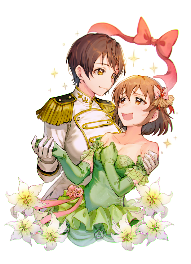 2girls apple_brk arm_around_shoulder bangs bare_shoulders bow breasts brown_eyes brown_hair clenched_hand commentary_request crossdressinging dress elbow_gloves eye_contact flower flower_request gloves gown green_dress green_gloves hair_bow hand_holding hand_on_own_chest height_difference idolmaster idolmaster_cinderella_girls kita_hinako korean_commentary looking_at_another medium_breasts multiple_girls oikawa_shizuku prince short_hair very_short_hair white_gloves yellow_eyes yuri