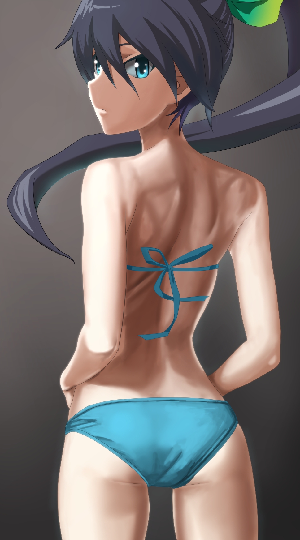 1girl ass bikini black_hair blue_bikini blue_eyes bow cowboy_shot floating_hair from_behind ganaha_hibiki green_bow grey_background hair_between_eyes hair_bow highres idolmaster idolmaster_(classic) long_hair looking_at_viewer looking_back ponytail solo standing swimsuit taka_(takahirokun) very_long_hair